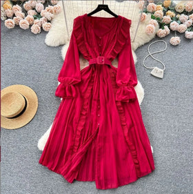 Women's Autumn Ruffled Waist French Retro Style Long Skirt