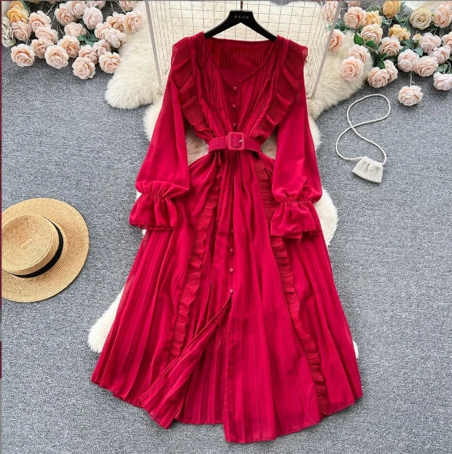 Women's Autumn Ruffled Waist French Retro Style Long Skirt
