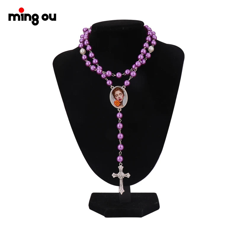 Sublimation Colored Rosary-1 Oval Charm Sublimation Blank Cross Rosary Necklace