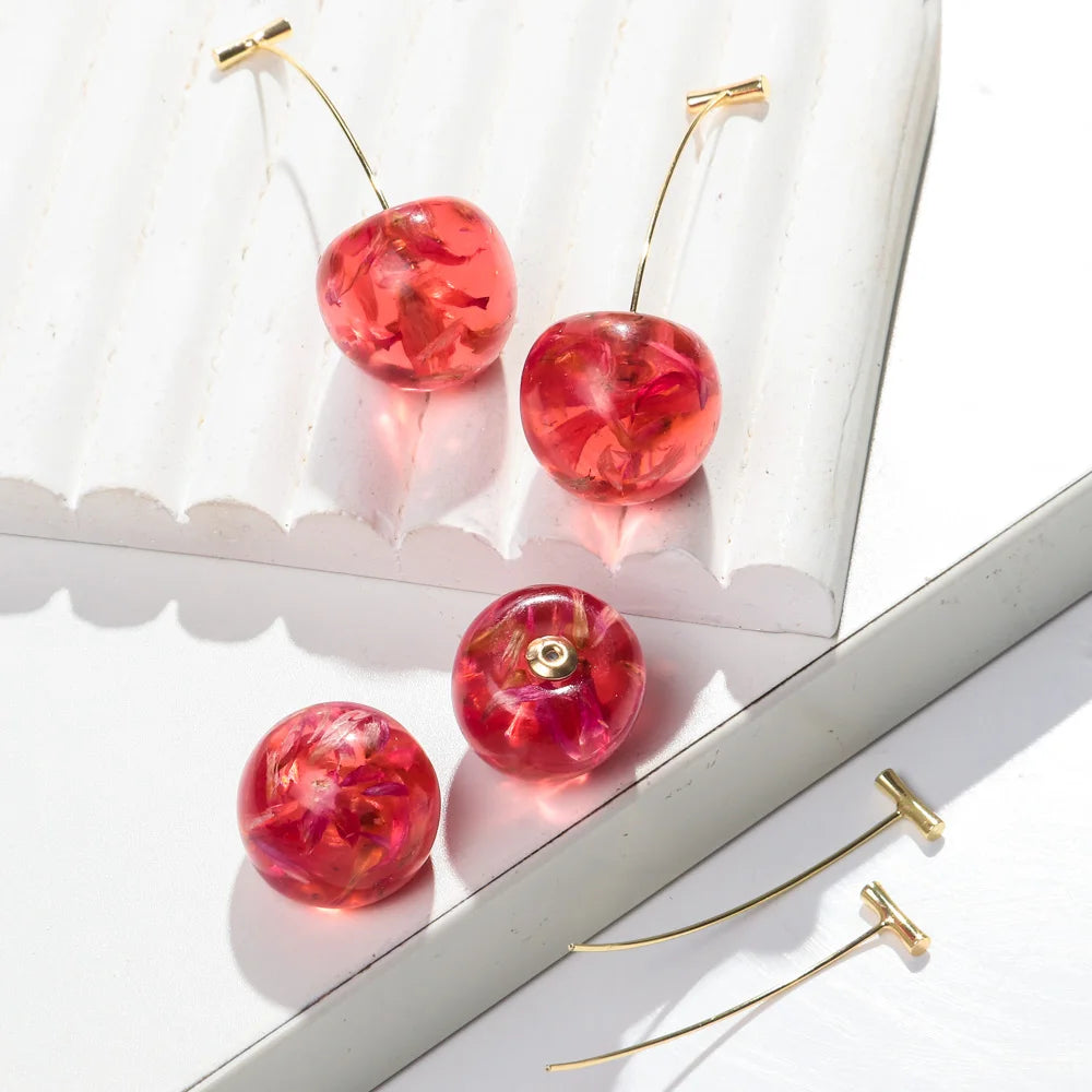 Korean Designer Luxury 3D Fruit Cherry Pendant Earrings New Elegant Red Glass Dried Flower Resin Luxury Party Fashion Earrings