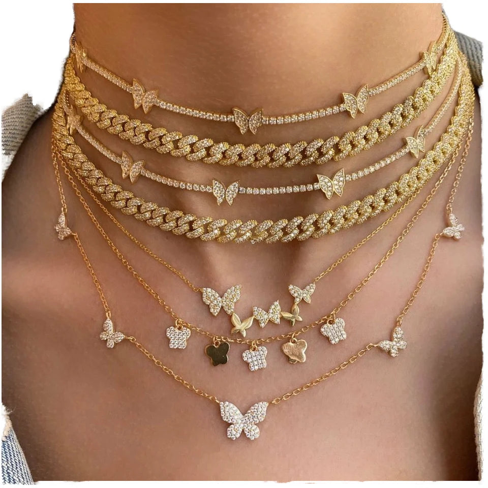 Full Diamond Tennis Chain Butterfly Pendant Necklace Multilayer Stackable Zircon Gold Christian Clavicle Pearl Party Gift
