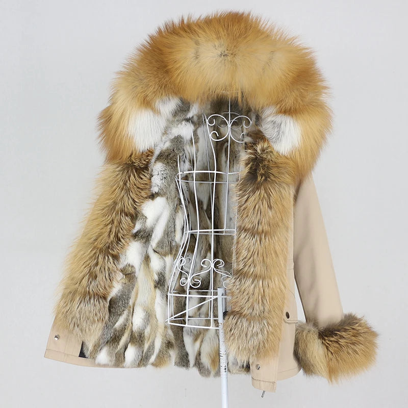 OFTBUY 2023 Women's Waterproof Parka Real Rabbit Fur Coat Natural Fox Raccoon Fur Collar Hood Short Winter Jacket Zipper