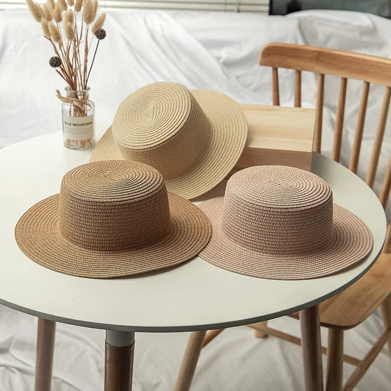 New Arrival Lady Boater Sun Hat Flat Top Straw Beach Hat Round Summer Sun Panama Hat Women