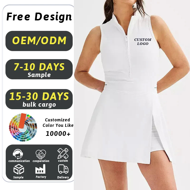 Custom Women Mockneck Tennis Dress Polyester Blended Spandex Tennis Wear 2 in 1 Split Zipper Polo Fitness Golf Tennis Dress