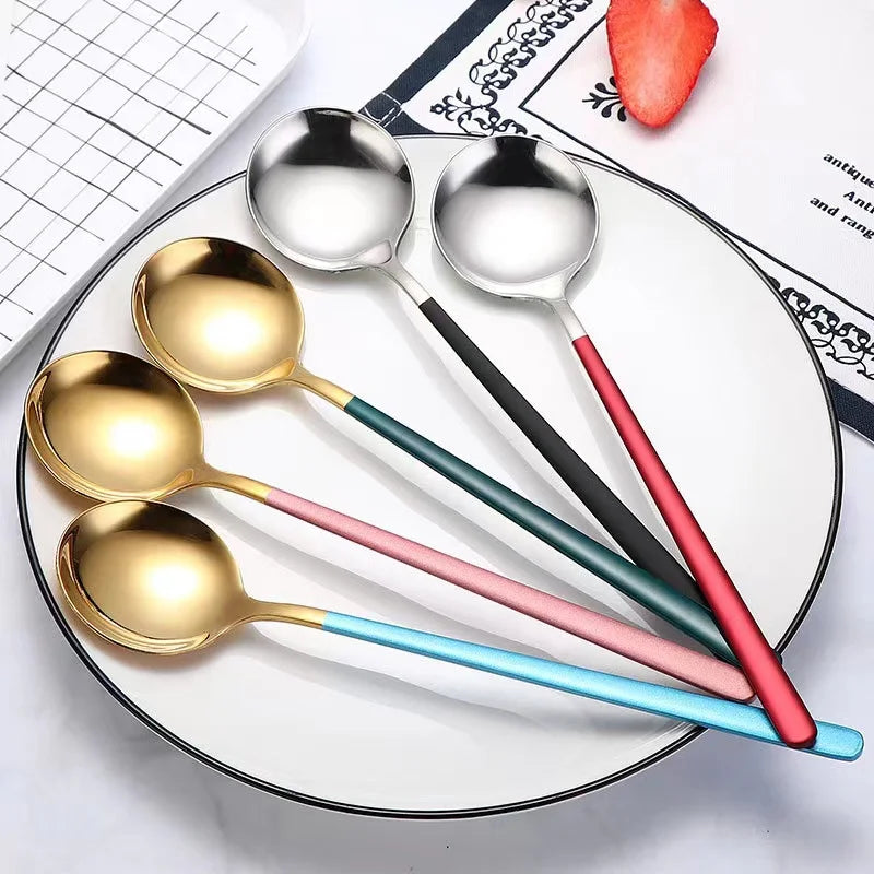 Eco-Friendly Stainless Steel Korean Soup Spoon Round Thick Metal Ice Cream and Golden Dessert Coffee Spoon Set for Parties