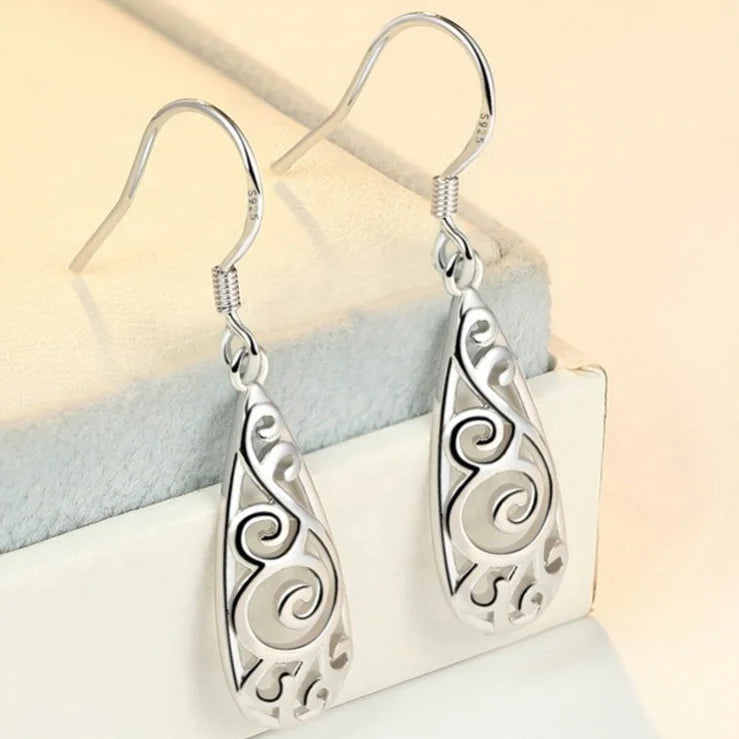 CAOSHI Vintage Carving Jewelry Water Drop Dangle Earrings Alloy Jewelry Women Ethnic Pear Hollow Carved Flower Silver Earring