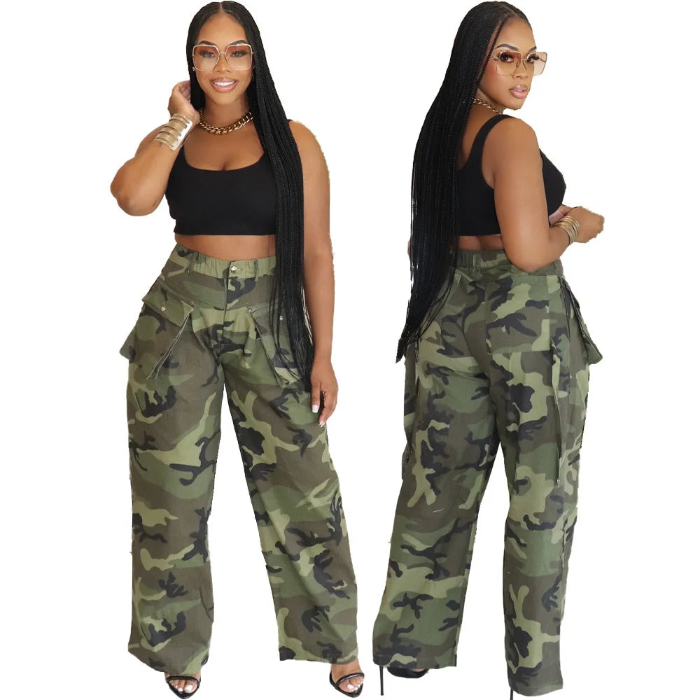 New Arrivals 2025 Women Summer Multi-Pocket Woven Trousers Wide Straight-Legged Camouflaged Pants