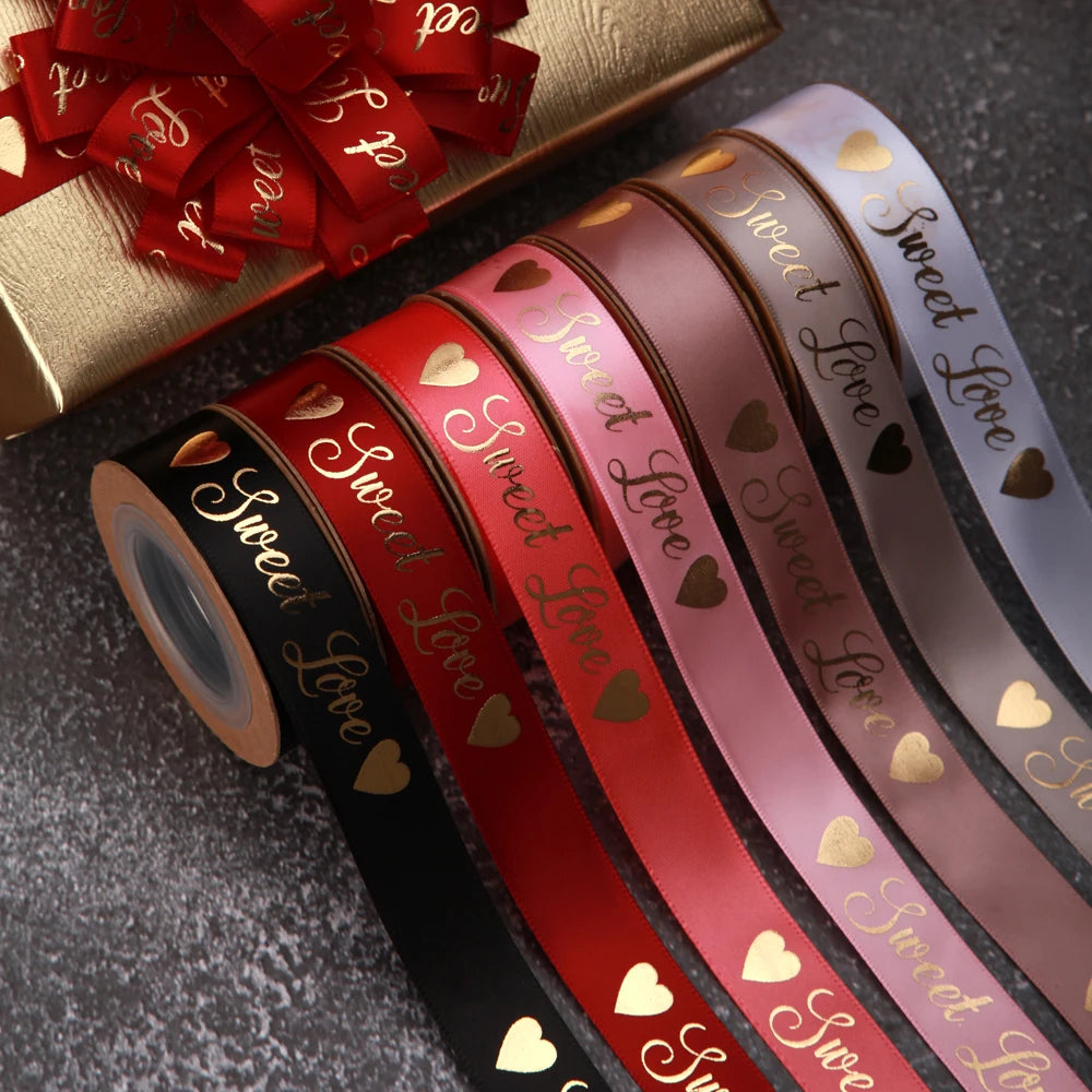 Wholesale 1 Inch Pink Polyester Hot Stamping Gold Foil Sweet Love Valentine's Day Ribbons