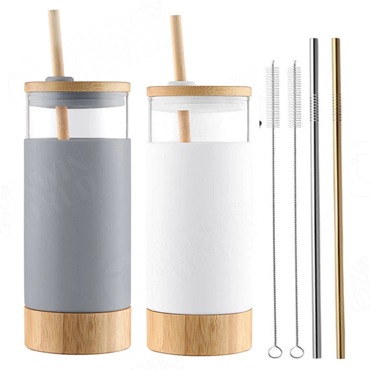20oz Glass Tumbler Straw Silicone Protective Sleeve Bamboo Lid Glass Cup Coffee Mug for Juice or Water