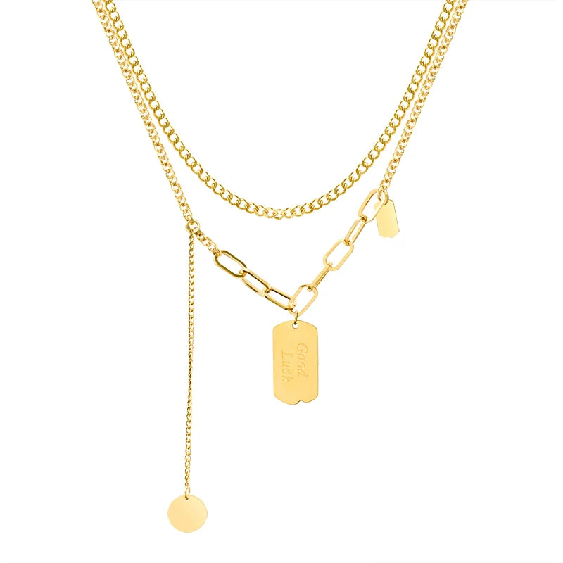 Hip Hop Style Stainless Steel Double-Layer Round Necklace Heart-Shaped Geometric Chain for Women Weddings and Parties