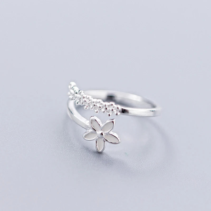 Genuine 925 Sterling Silver Fashion White Enamel Flower Adjustable Rings for Women Wedding Party Fine Jewelry