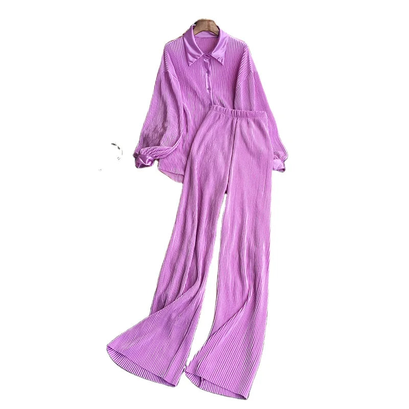 2024 Women's Casual Multi-Color 2-Piece Set Knitting Shirt + Long Pants Pressed Pleated Trousers Solid Color Solid Color
