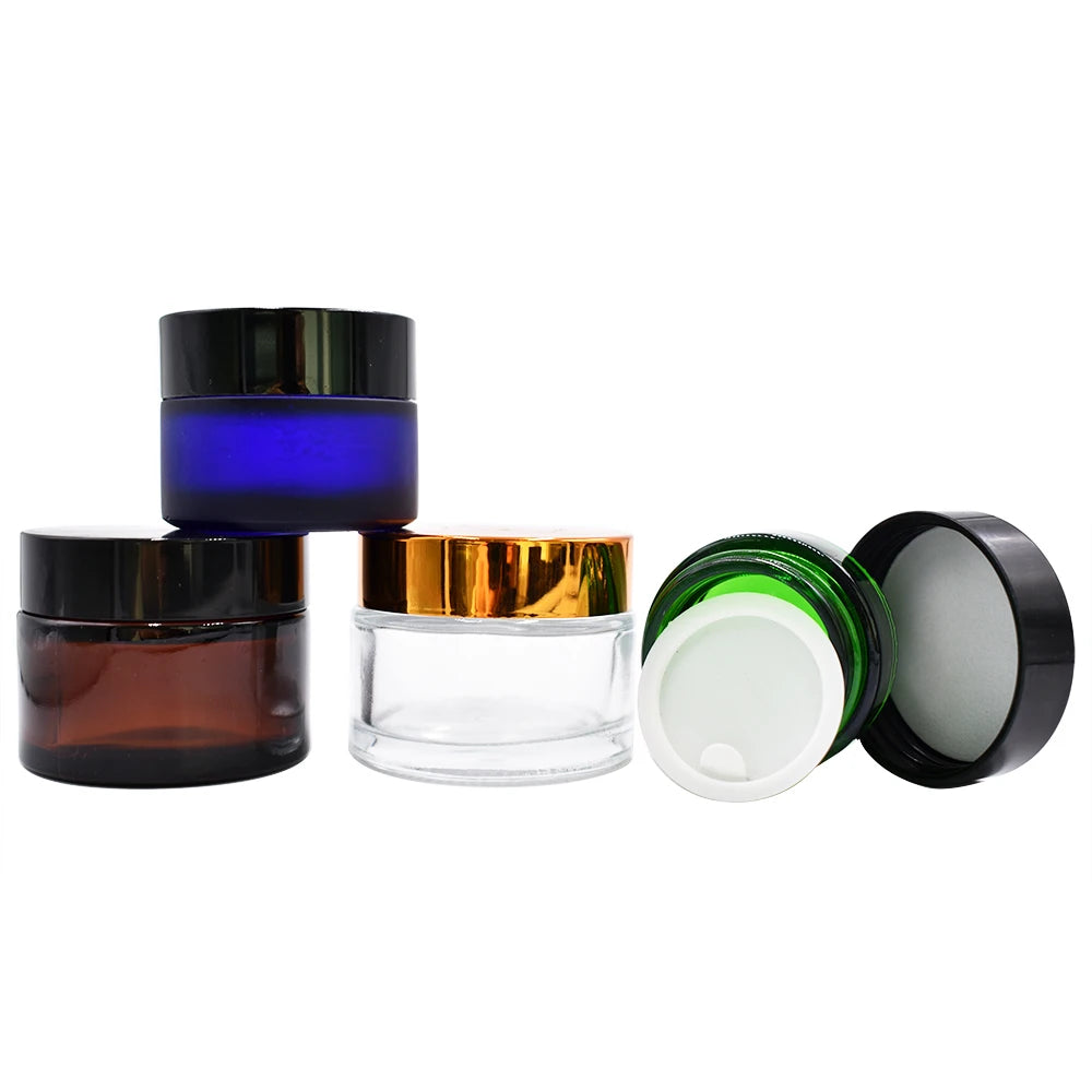 OEM Empty Cosmetic Packaging 5-200g Containers Transparent Blue Green Amber Black Glass Jar for Cream