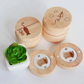 Wooden Round Stainless Steel Magnetic Fridge Magnet Wine Foil Cutter Beer Bottle Opener Eco-Friendly Custom Logo