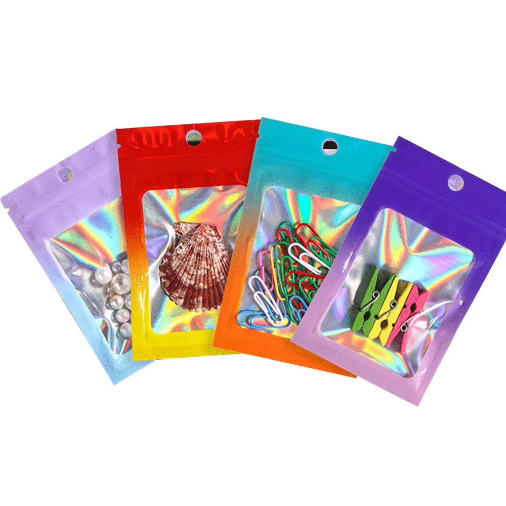 Mini ziplock plastic packaging pouch with hologram finish for secure jewelry storage and small product branding