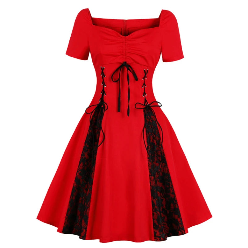 Red Black Patchwork Gothic Punk Steampunk Eco-Friendly Washable Lace Retro Vintage Swing Cotton Streetwear 50s 60s Rockabilly