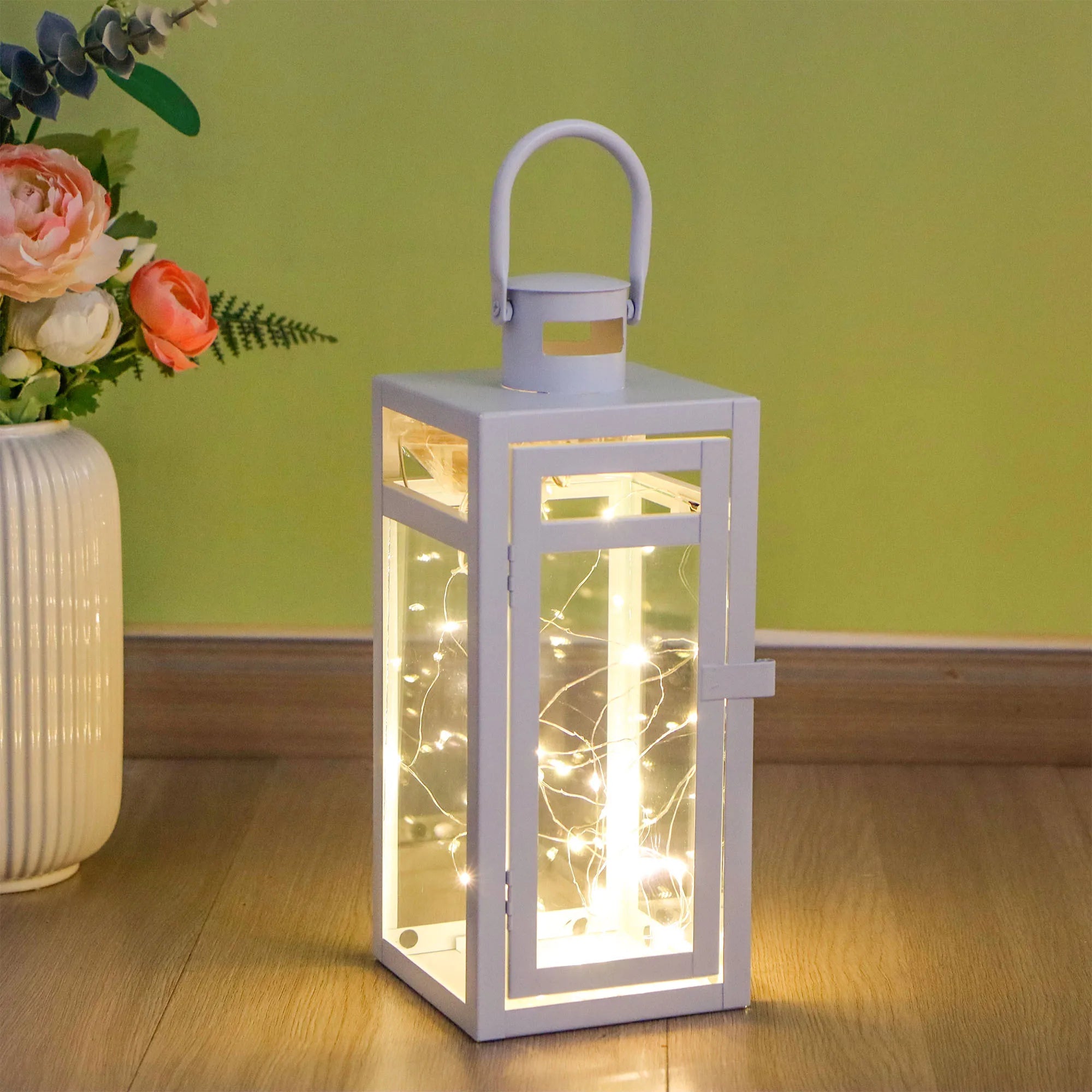 Metal Candle Lantern 12'' High Decorative Outdoor Lantern Hanging Lantern with Tempered Glass for Christmas Home Decor