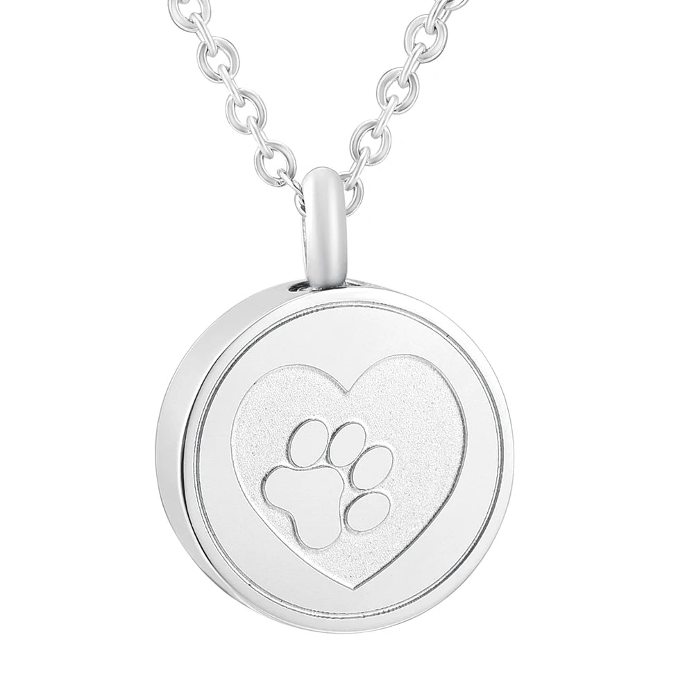 Stainless Steel Paw Print Round Cremation Urn Pendant Jewelry Urn Necklace Memorial Heart Paw Charms Keepsake Souvenir Ashes Urn