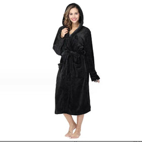 European and American Autumn and Winter Women's Flannel Thickened Pajamas Extended Lace up Solid Color Bathrobe