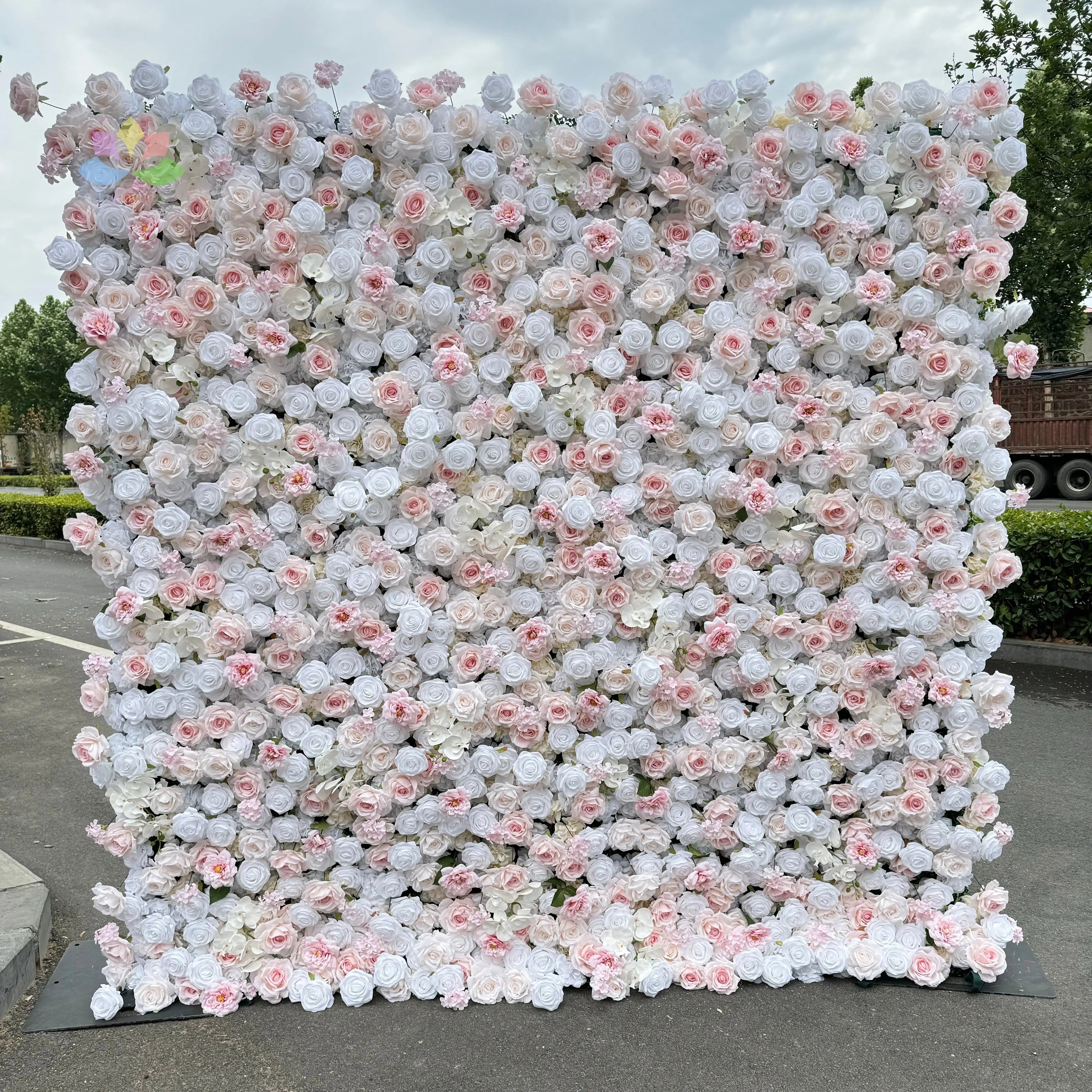 E02 Home Wedding Decor 3D Roll up Cloth Fabric Background Mat Pink Silk Rose Flower Wall Backdrop Artificial Flower Wall Panel
