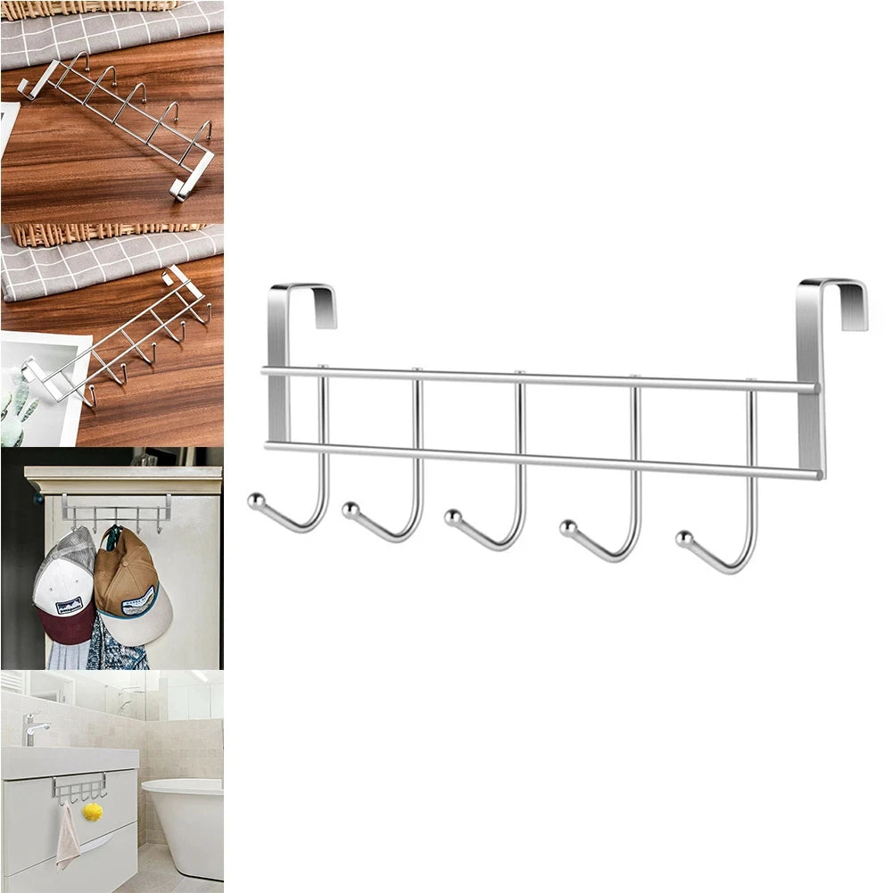 5 Hooks Over Door Hook Stainless Steel Hanger Clothes Towel Holder Bathroom Organizer Rack Clothes Coat Hat Hanger Wall Storage
