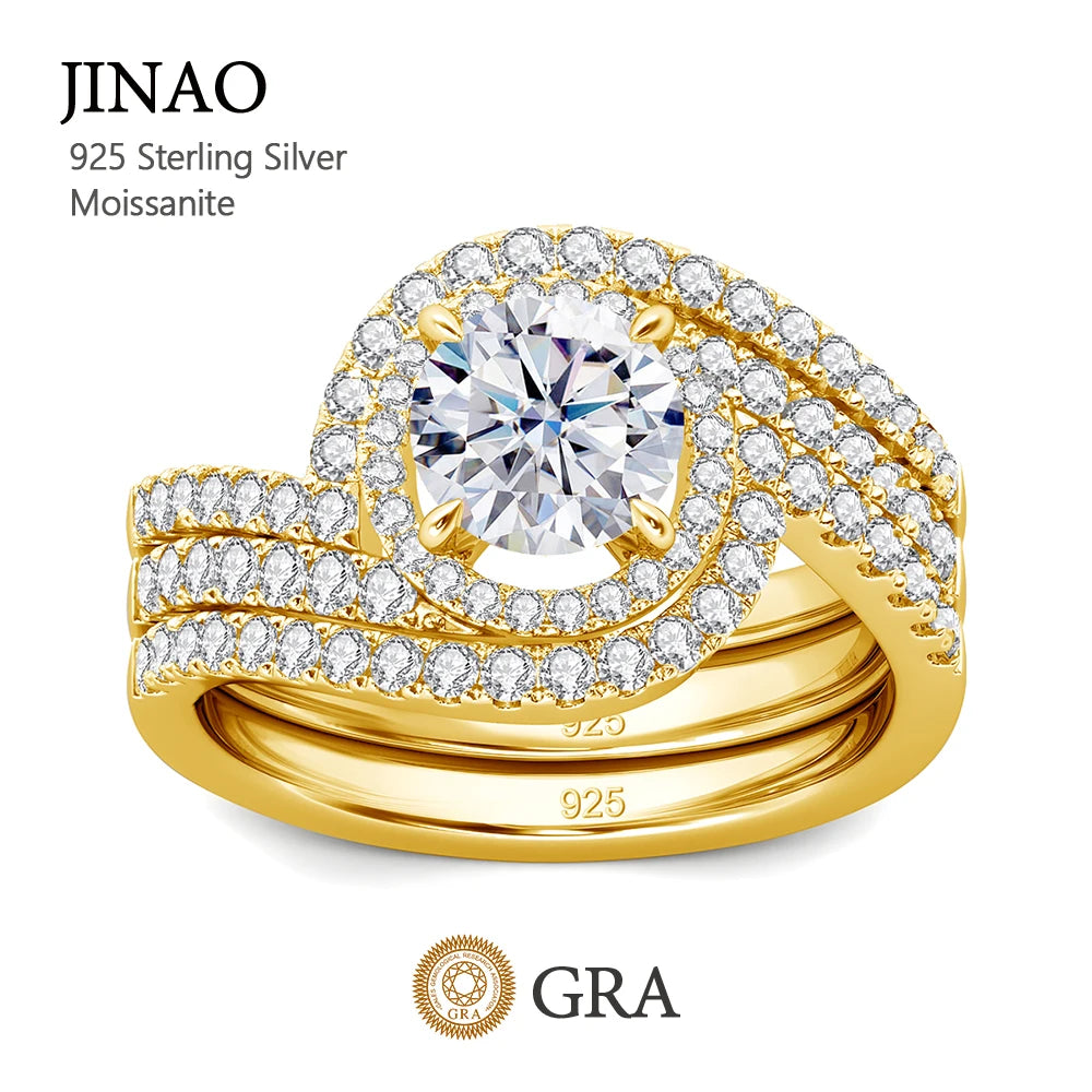 Luxury Rings 3pcs Set Wedding Engagement 925 Sterling Silver 18K Gold Woman Moissanite Diamonds Finger Ring