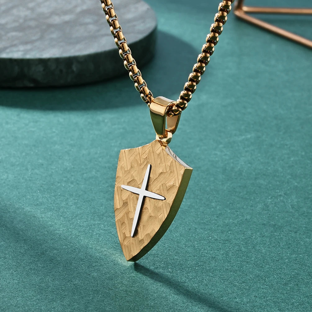 Retro Creative Geometric Pattern Unisex Stainless Steel Shield Pendant Punk Style Necklace for Anniversary