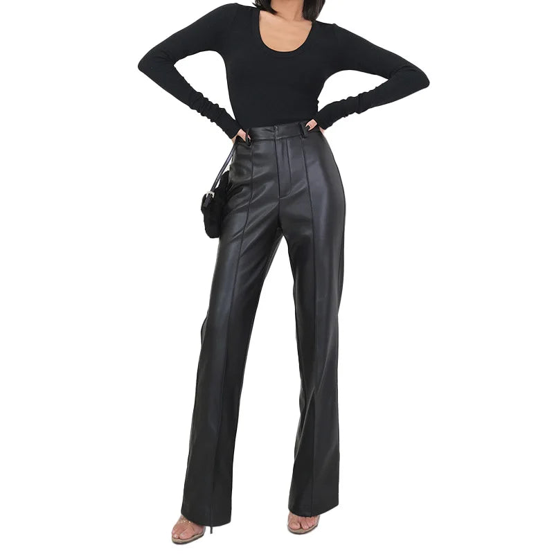 Women Leather Pants Straight-leg Trousers High Waist Leather Pants