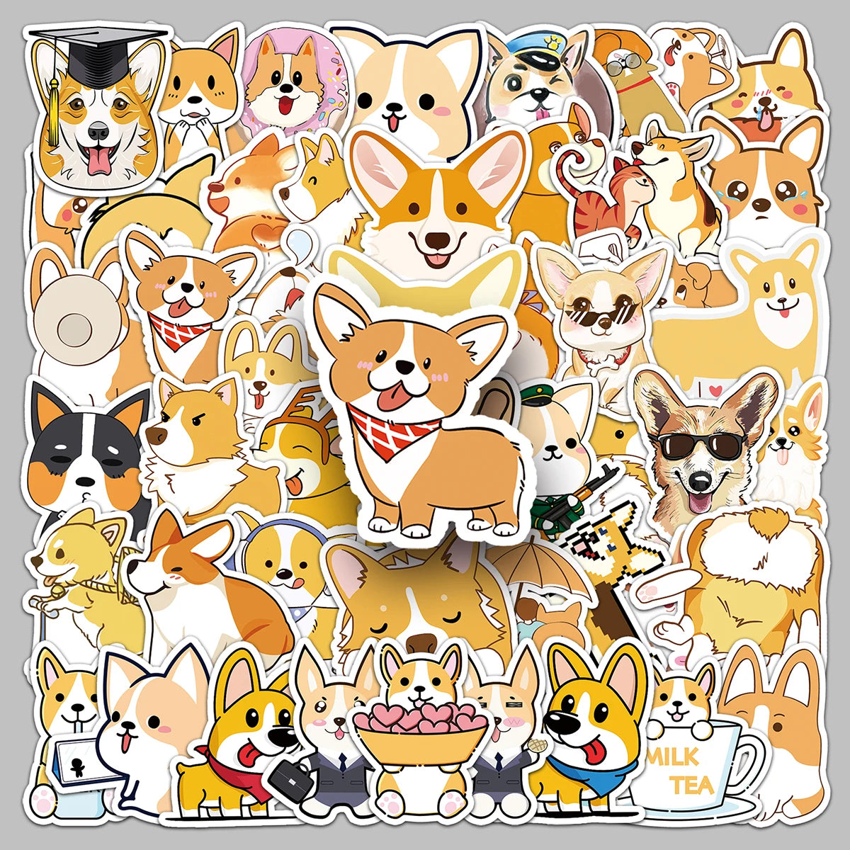 50PCS Cute Cartoon Animal Pattern Dog Decorative Corgi Stickers Guitar Water Bottle Refrigerator Sticker Headphones