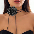 Vintage Full Rhinestone Large Black Flower Necklace for Women Girls Choker Wax Thread Multiple Layers Fashion Jewelry