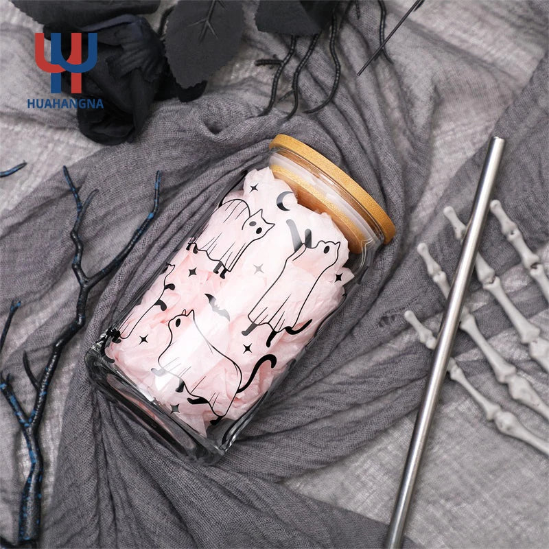 Custom Logo 16oz Ceramic Coffee Juice Drinking Glass Cup Soda Beer Can Shaped for Mugs with Bamboo Lid Straw for Wedding Parties