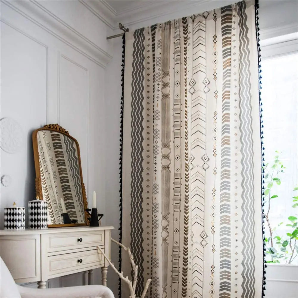 DaiRui Geometric Printing Style Faux Linen Polyester Curtains Panel Living Room Boho Curtain with Tassels MegaBDM