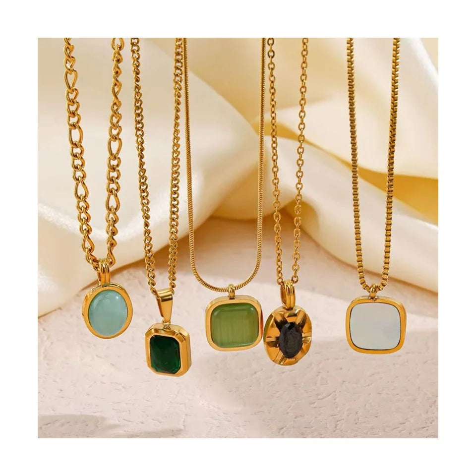 Vintage Jewelry Stainless Steel Gold Plated Opal Shell Natural Stone Pendant Necklace Best Gift Necklace for Month