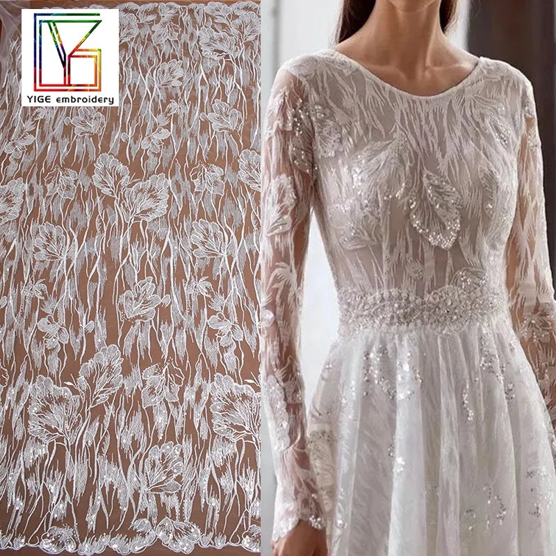 New Designs Machine White Glitter Crystal Sequins Bridal Tulle Luxury Embroidery Beads Lace Fabric for Women Dress