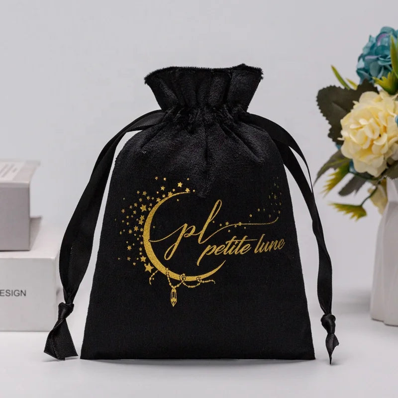 Luxury Super Soft Black Velvet Pouch for Jewelry Customized Drawstring Velvet Dust Gift Cosmetic Packaging Bag