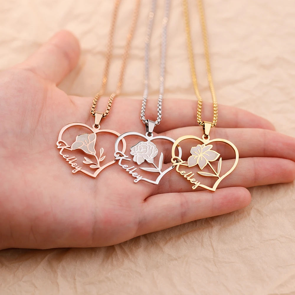 Personalized Name Engraved Birthflower Charm Pendant Heart Necklace Custom Birth Month Flower Necklace