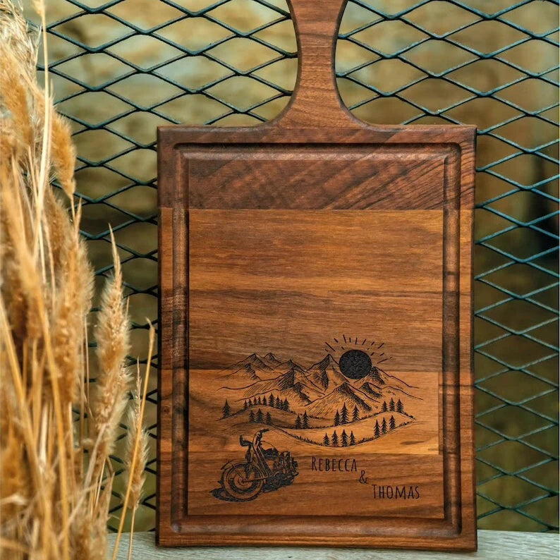 JUNJI Personalized Vintage Cutting Board Laser Engraved Mountain Motorcycle Cutting Board Customized Wooden Kitchen Decor