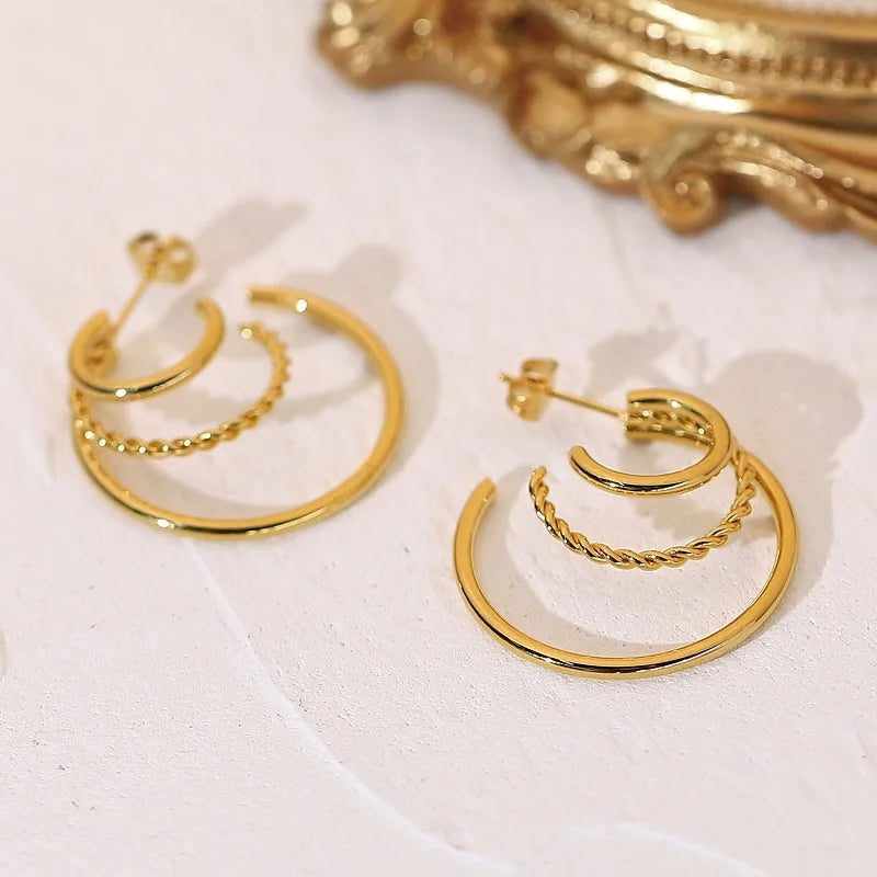 Exaggerated 18k Gold 3 Layered C Shape Big Circle Twist Hoop Earring Stainless Steel Studs Earring For Girls