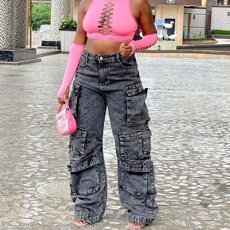 Hot Selling Ladies Women's Pants Trousers Cargo Baggy Boyfriend Denim Wide Leg Pants Jeans for Women