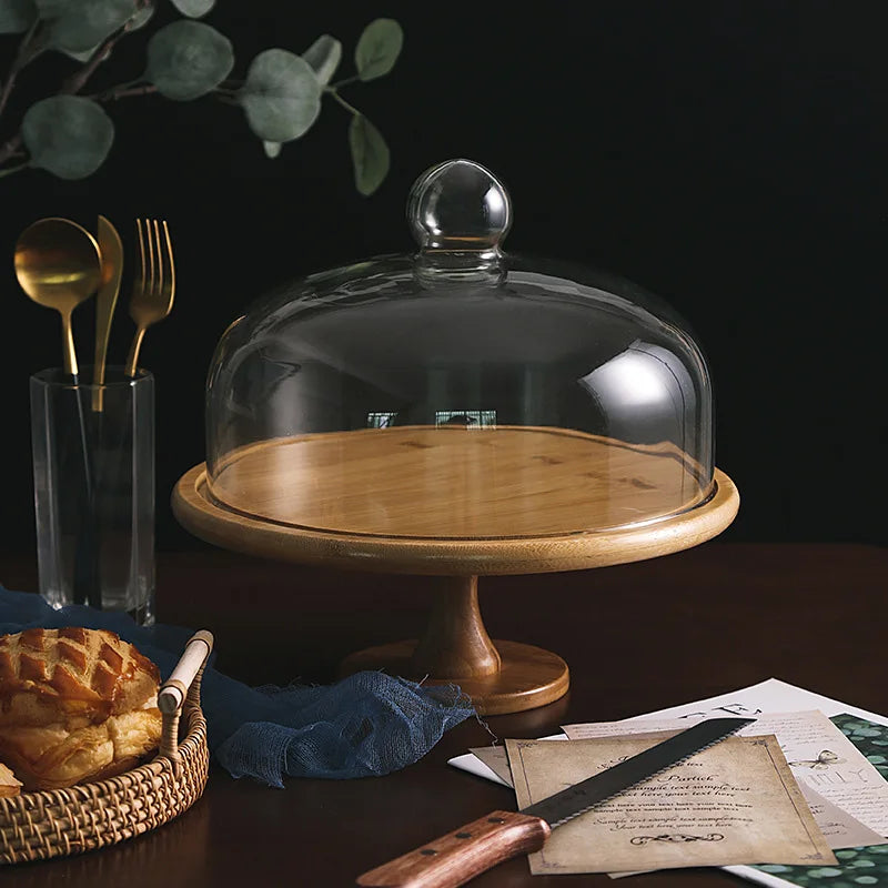 Nature Bamboo Cake Stands with Glass Dome Round Cover Serving Tray