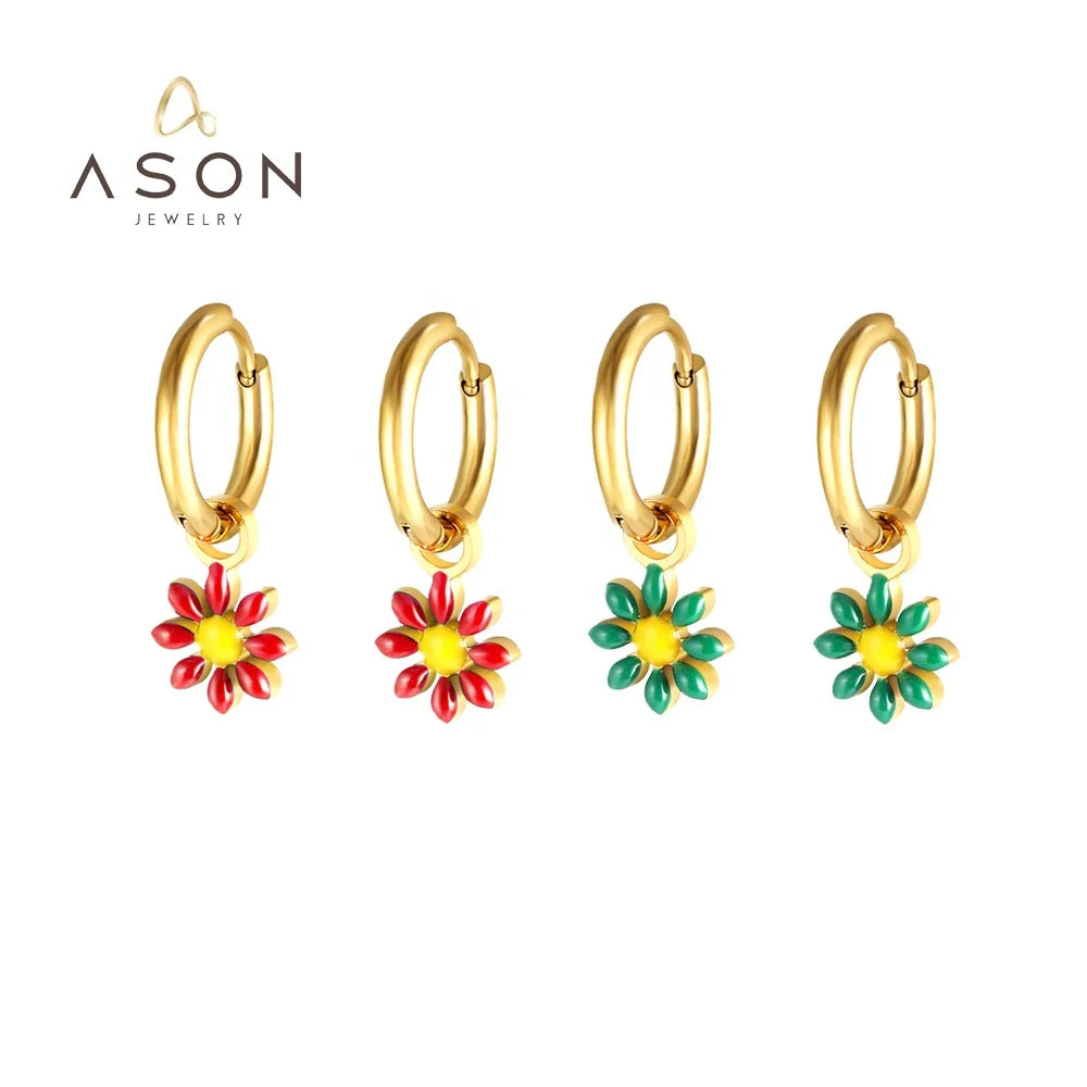 Ason Fashion Stainless Steel Small Hoop Earrings Gold Plating Jewelry Colorful Drop Oil Flower Shape Huggie Earrings for Women