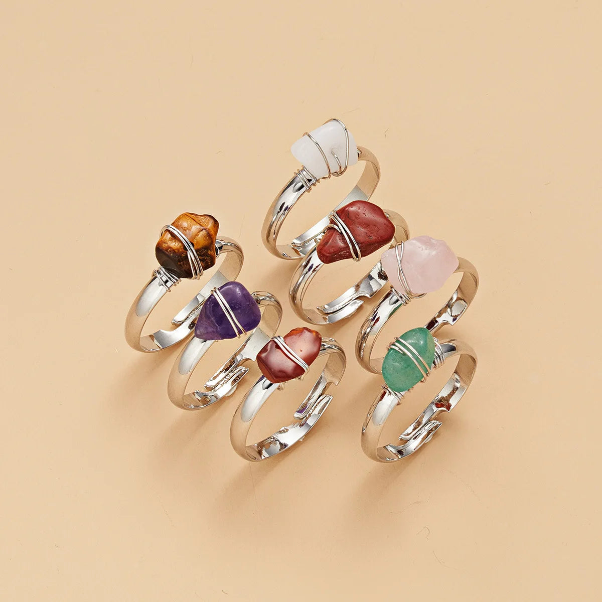 Natural Stone Ring Adjustable Birth Stone Ring Women Rough Amethyst White Crystal Unshaped Stone Winding Birthstone Ring