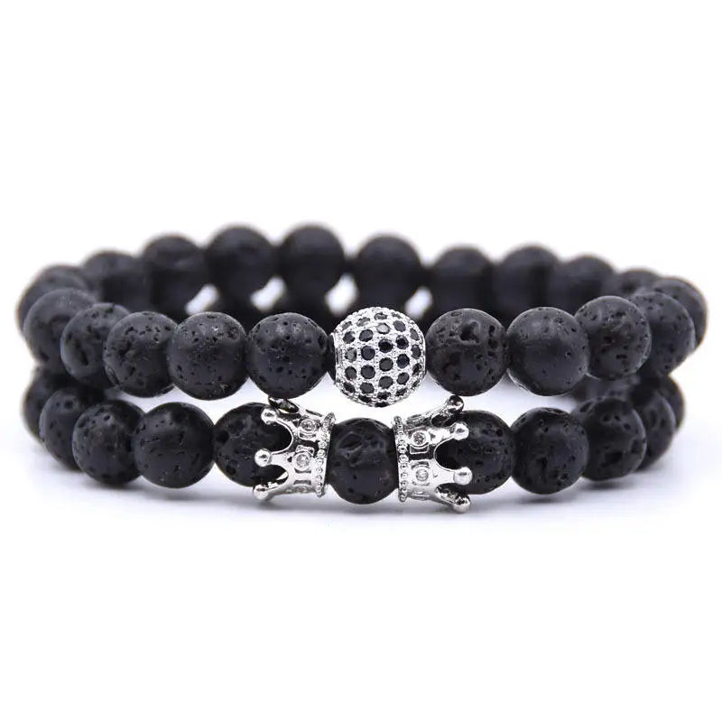 Selling 8mm Natural Matte Black Stone Beaded Health Copper Zircon Drill Ball Charm Bracelet for Women Men Crown Bracelet