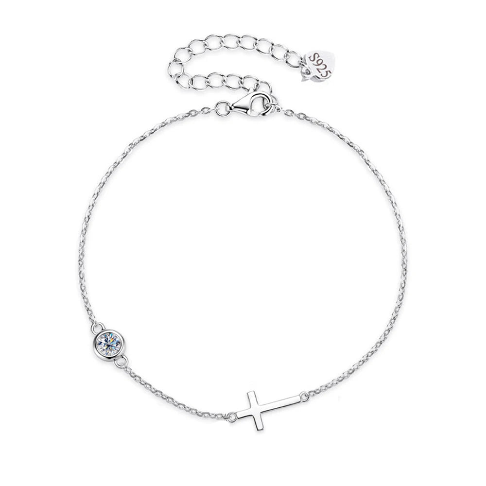 Women Bezel Setting Cubic Zircon Cross Shape Bracelet S925 Sterling Silver Chain Link Bracelet for Girls