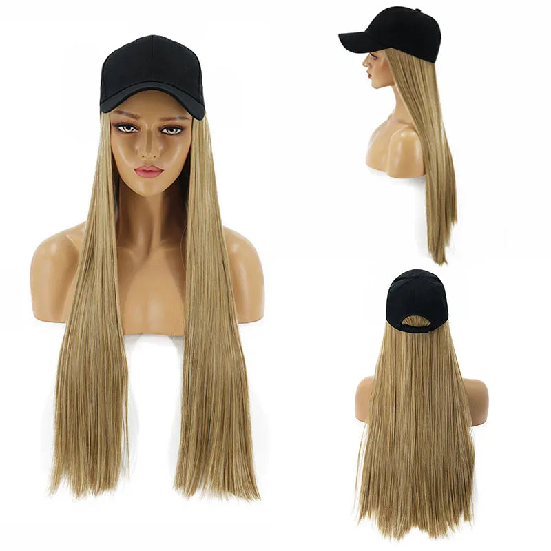 Wholesale Long Straight 24 Inch Hat With Wig Heat Resistant Black Gold Grey Brown Hair Wig Hat Baseball Cap Wig