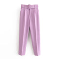Women  Chic Fashion High Waist With Belt Pants Vintage Zipper Fly Pockets Office Wear Female Ankle Trousers Mujer