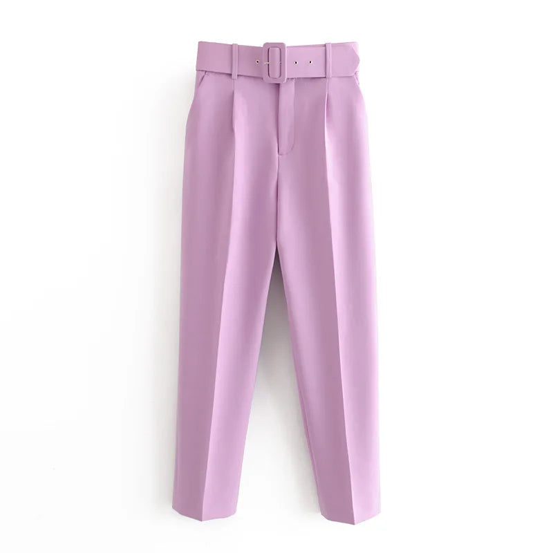 Women  Chic Fashion High Waist With Belt Pants Vintage Zipper Fly Pockets Office Wear Female Ankle Trousers Mujer