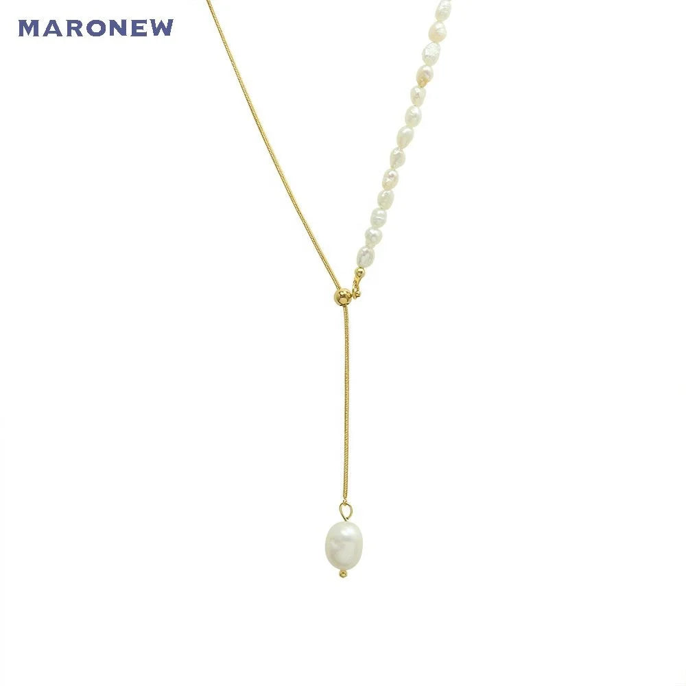 MARONEW 18K Gold  Women Jewelry Stainless Steel Pendant Choker Adjustable Long Chain Colgante Freshwater Pearl Necklace