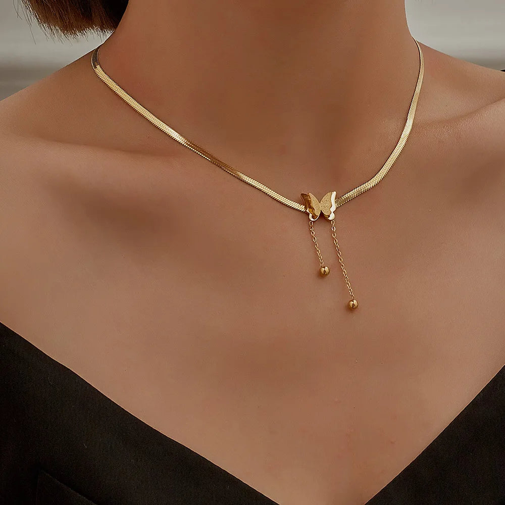 Wholesale Luxury Stainless Steel Gilt Frosted Pendant Fashion Chain Titanium Steel Tassel Female butterfly Necklace