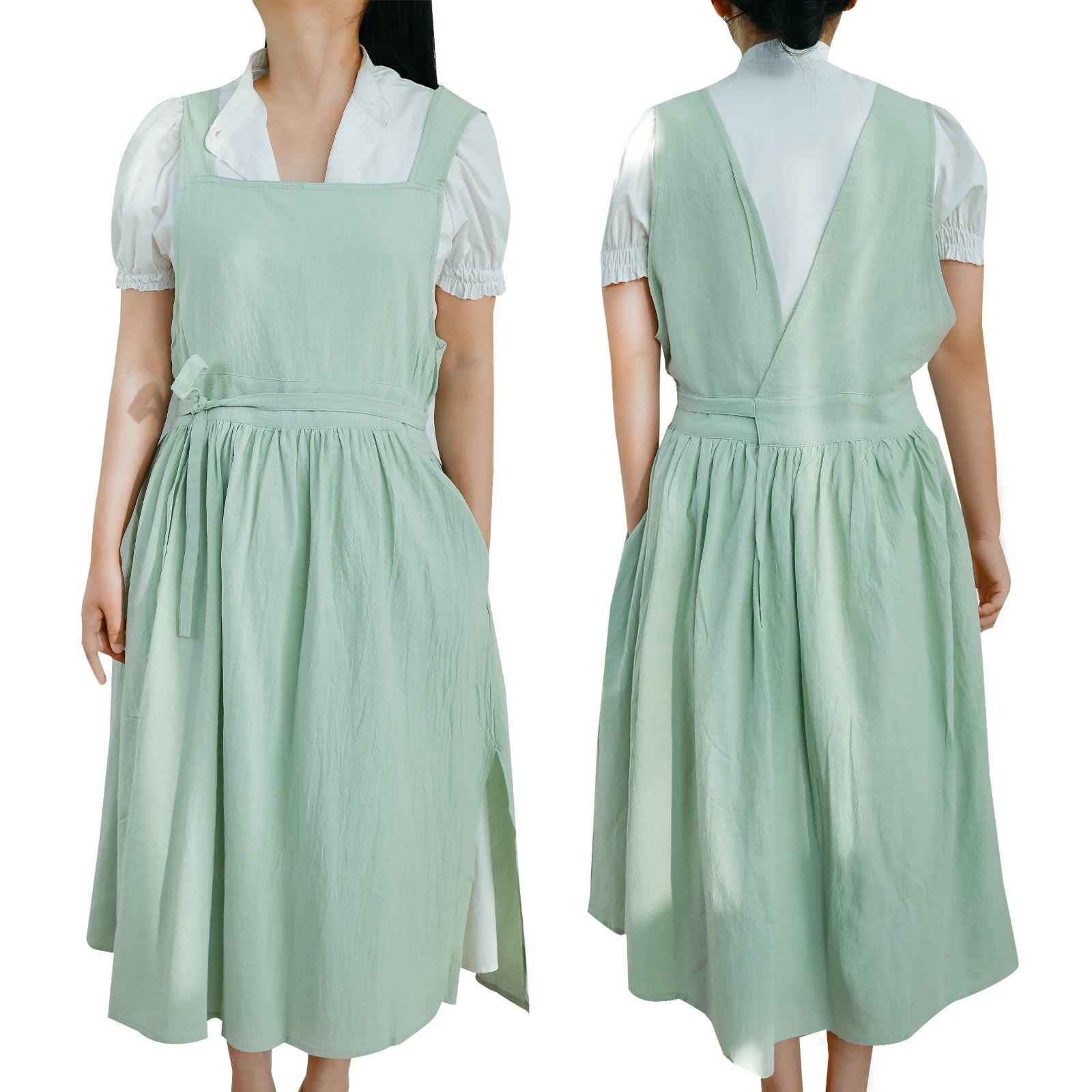 Wholesale V-neck Apron Long Cooking Kitchen Chef Cotton Garden Apron with Two Pockets for Women